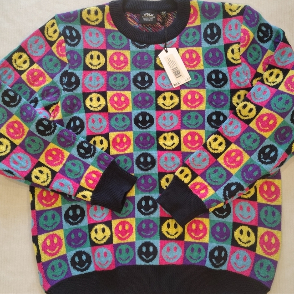 WESC Leon Pop Smiley Face Sweater Parision Nights‎ Sweden Mens XL Unisex